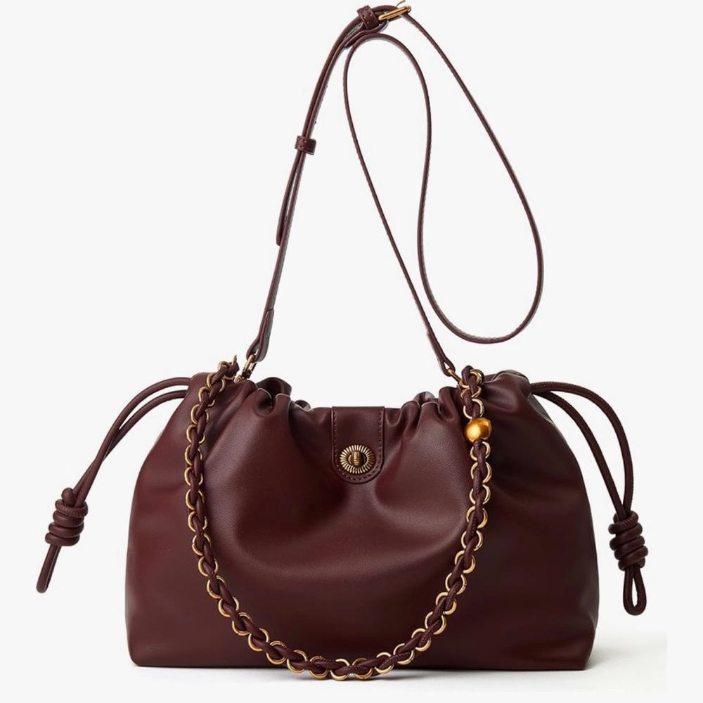 Women’s Burgundy Leather Drawstring Shoulder Bag